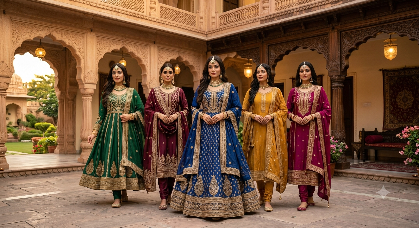 Model wearing a Poshak Mandi ethnic suit