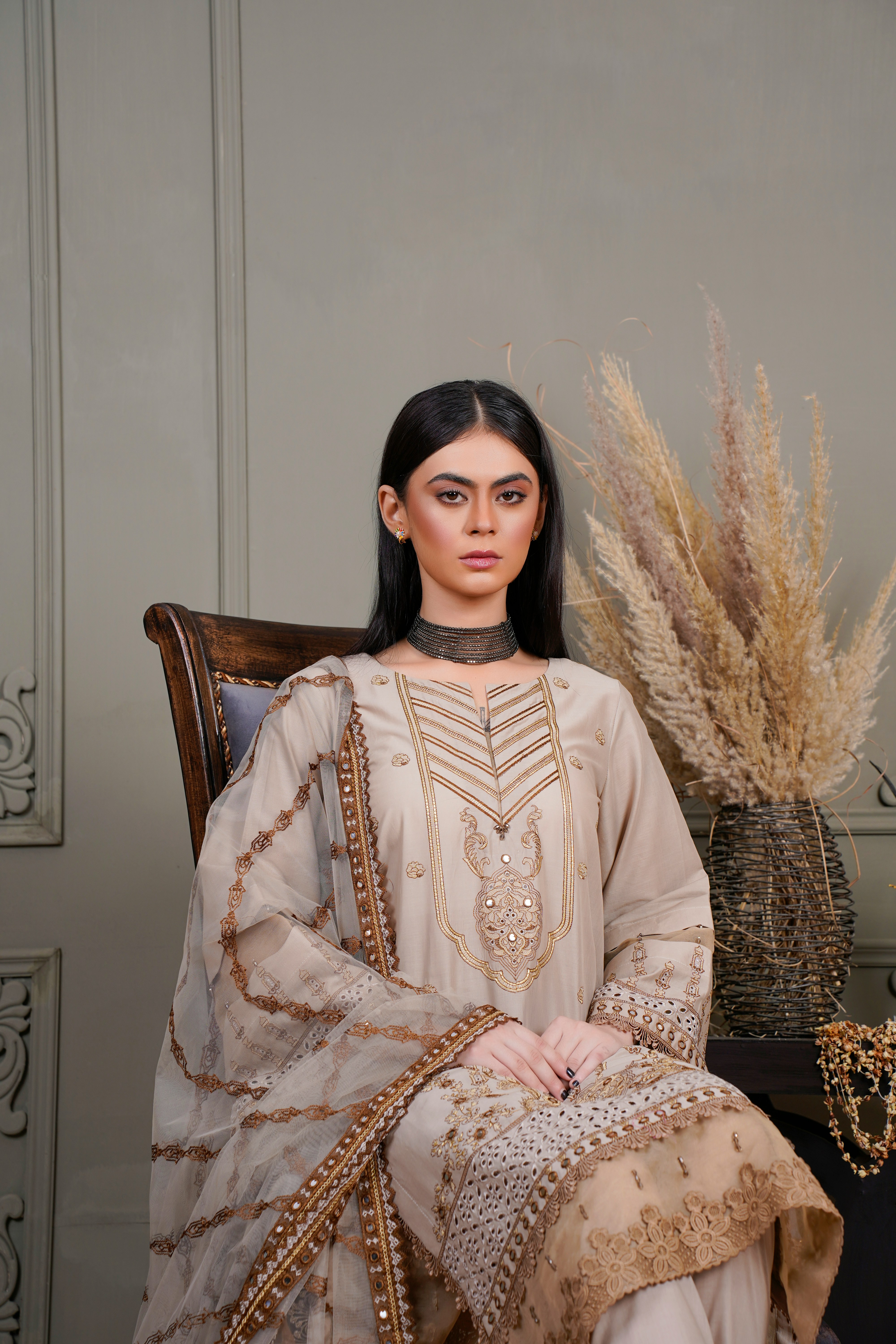 Woman wearing an elegant Poshak Mandi ethnic suit